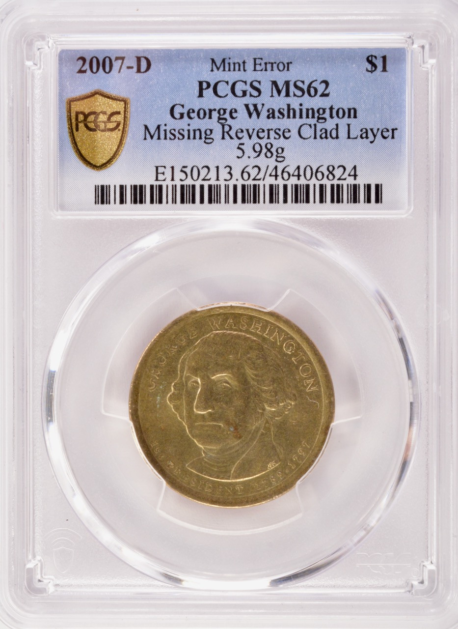 2007-D $1 Washington Dollar Missing Reverse Clad Layer PCGS MS62